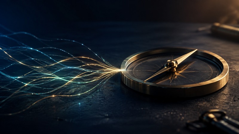 Glowing threads converging into a brass compass