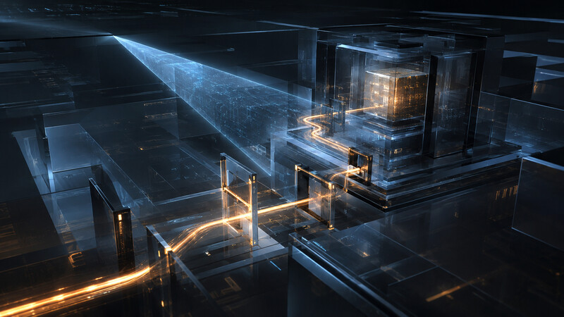 An illuminated path passing through access-control gates towards a secured data core