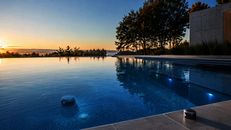 Clear modern swimming pool with subtle technology-inspired lighting and sensors