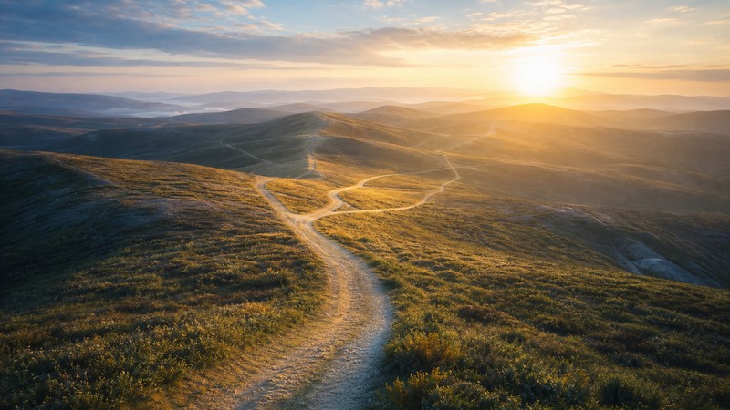 Sunrise paths branching across a hillside