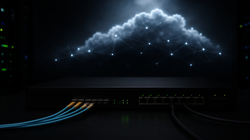 Unbranded rack router connected to an abstract cloud network